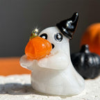 Ghost Figurine Holding Orange Pumpkin with Black Pointed Hat, Mini Halloween Decor by AuroraeGlass — photo 5