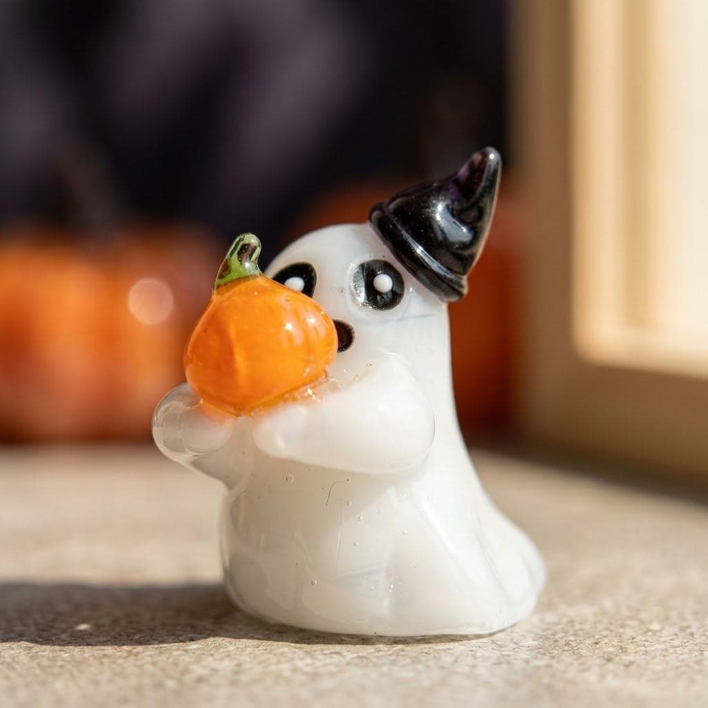 Ghost Figurine Holding Orange Pumpkin with Black Pointed Hat, Mini Halloween Decor by AuroraeGlass — photo 3
