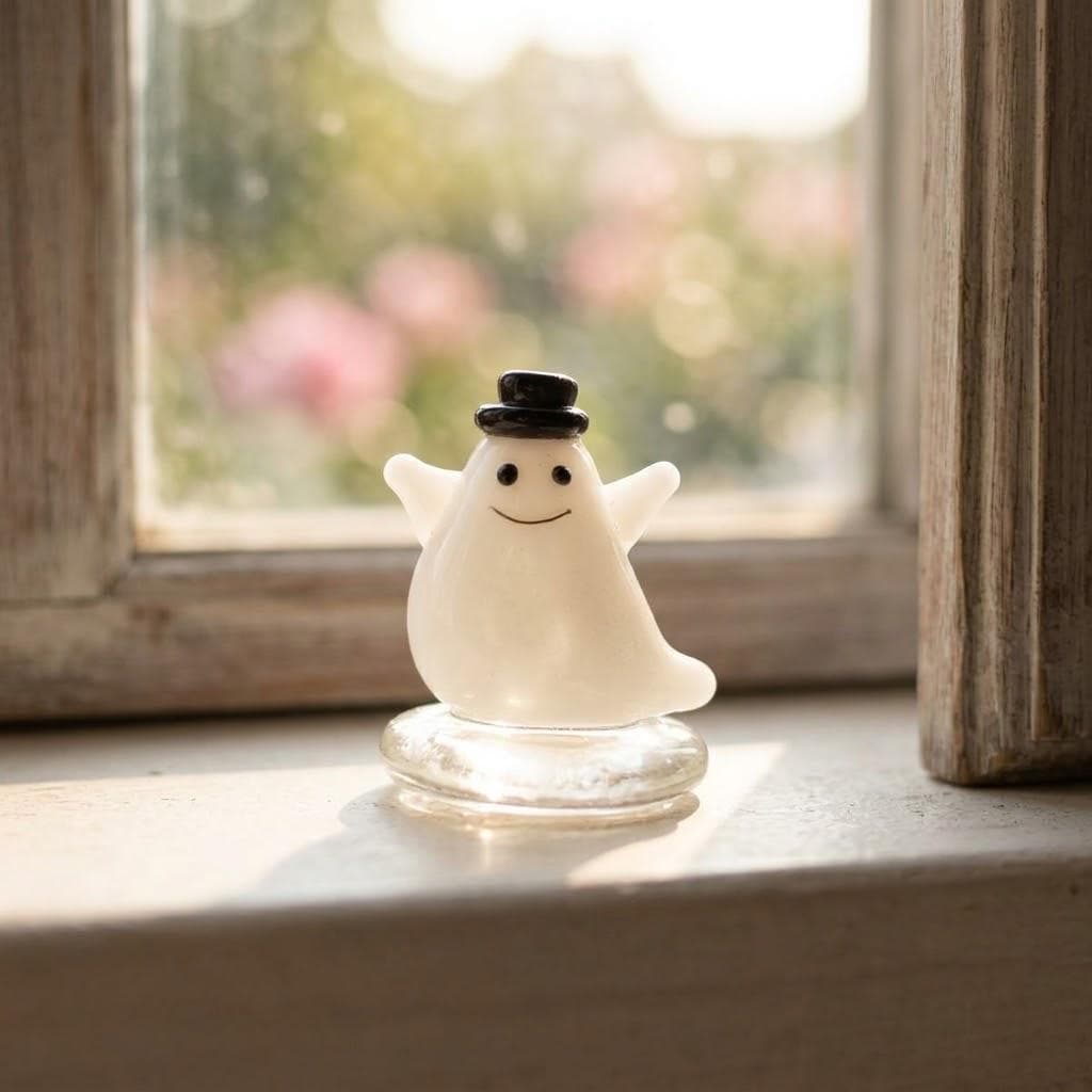 Smiling Ghost Figurine with Black Top Hat and Clear Base, Mini Halloween Shelf Decor by AuroraeGlass — photo 9