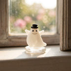 Smiling Ghost Figurine with Black Top Hat and Clear Base, Mini Halloween Shelf Decor by AuroraeGlass — photo 9