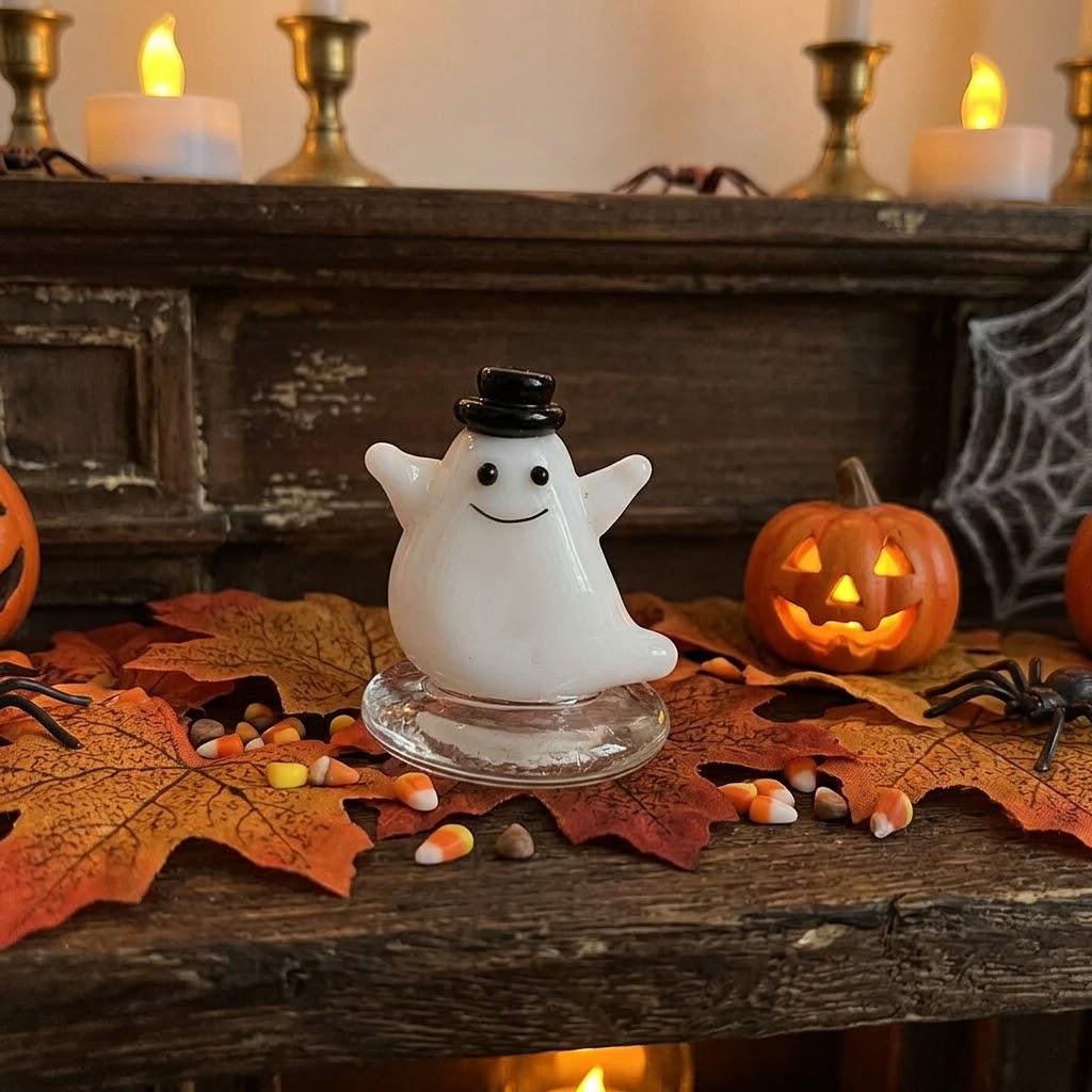 Smiling Ghost Figurine with Black Top Hat and Clear Base, Mini Halloween Shelf Decor by AuroraeGlass — photo 2