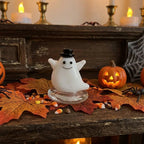 Smiling Ghost Figurine with Black Top Hat and Clear Base, Mini Halloween Shelf Decor by AuroraeGlass — photo 2