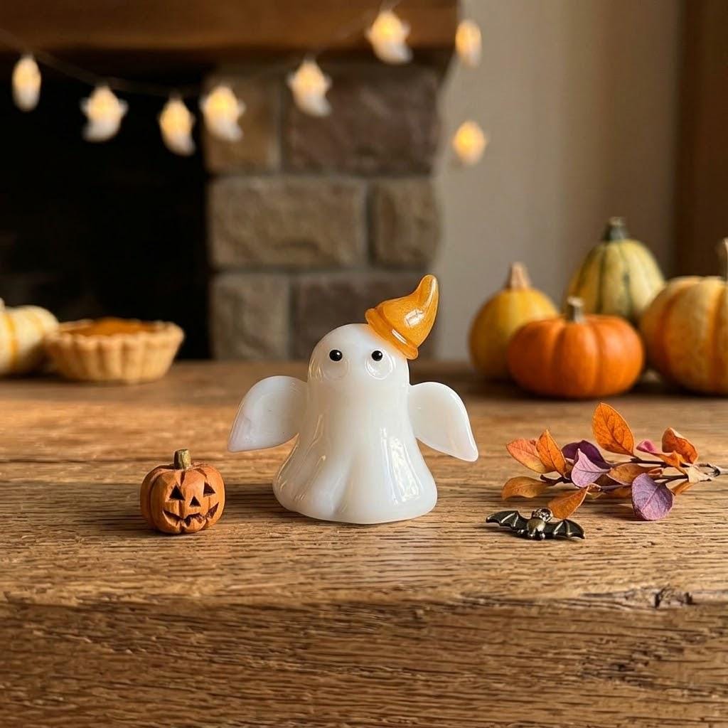Ghost Figurine with Tilted Amber Pointed Hat, Small Halloween Table Decor by AuroraeGlass — photo 1