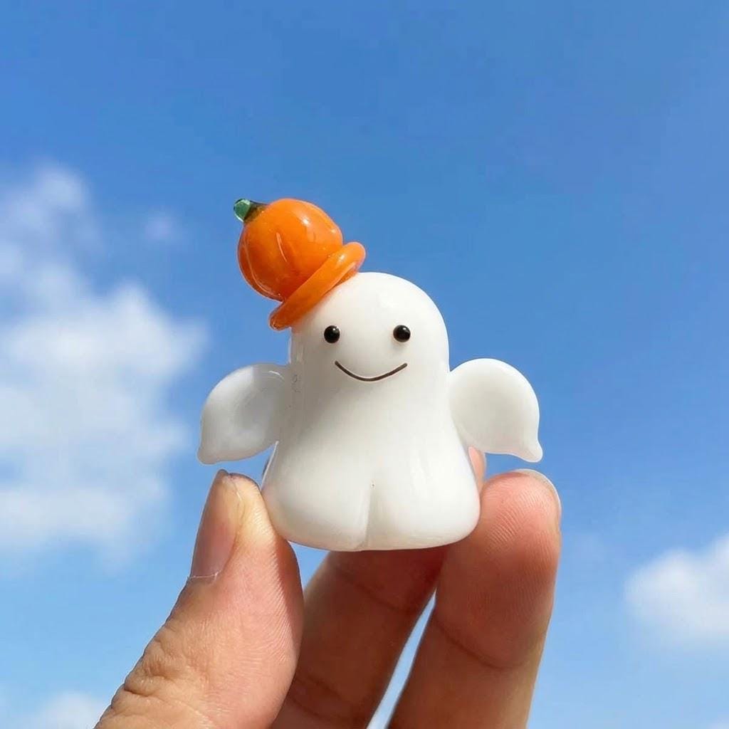 Smiling Ghost Figurine with Orange Pumpkin Hat, Mini Halloween Shelf Decor by AuroraeGlass — photo 6