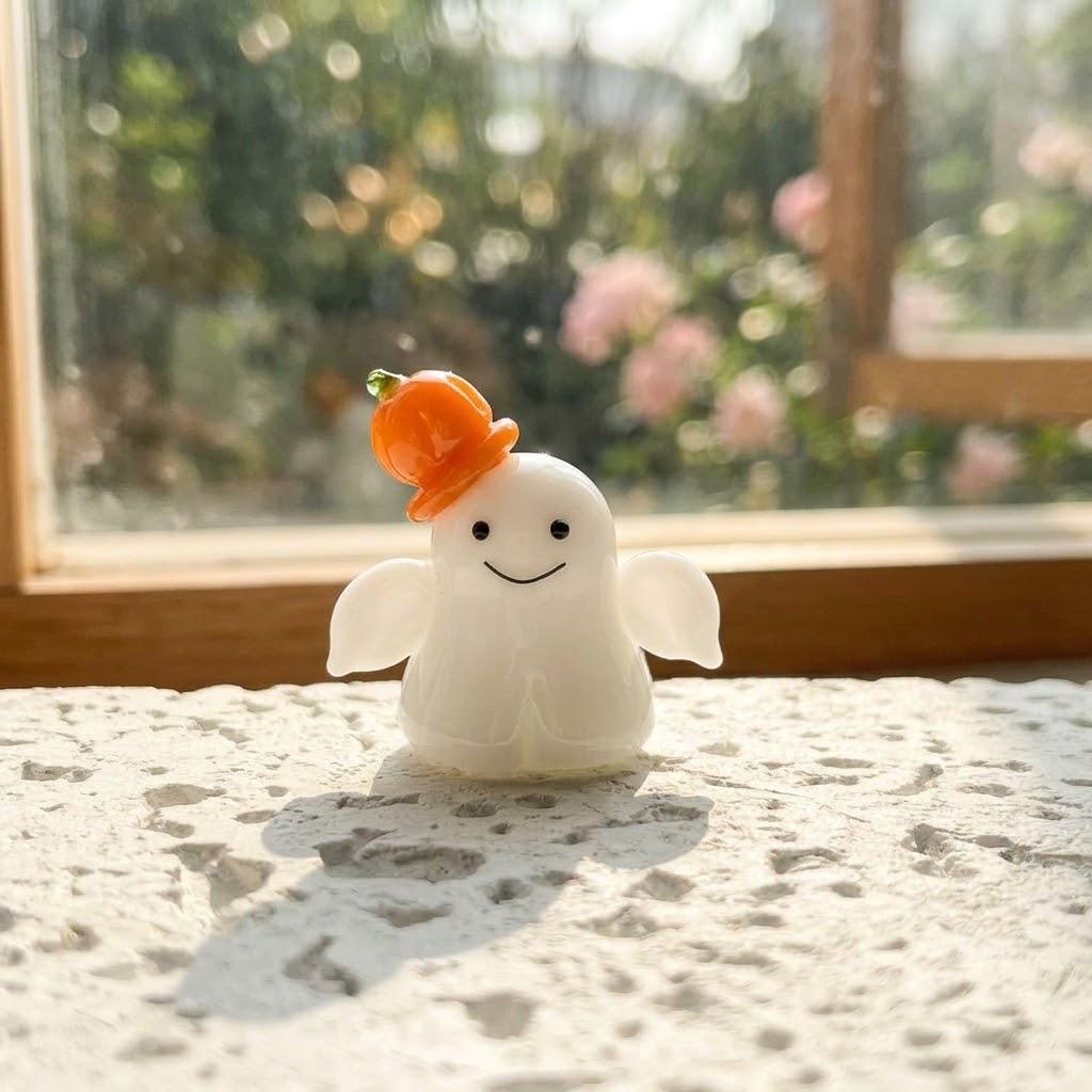 Smiling Ghost Figurine with Orange Pumpkin Hat, Mini Halloween Shelf Decor by AuroraeGlass — photo 7