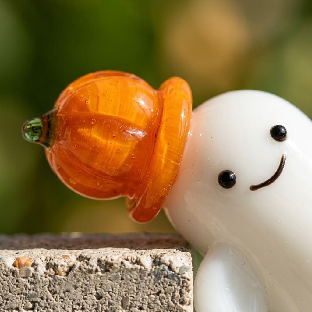 Smiling Ghost Figurine with Orange Pumpkin Hat, Mini Halloween Shelf Decor by AuroraeGlass — photo 3