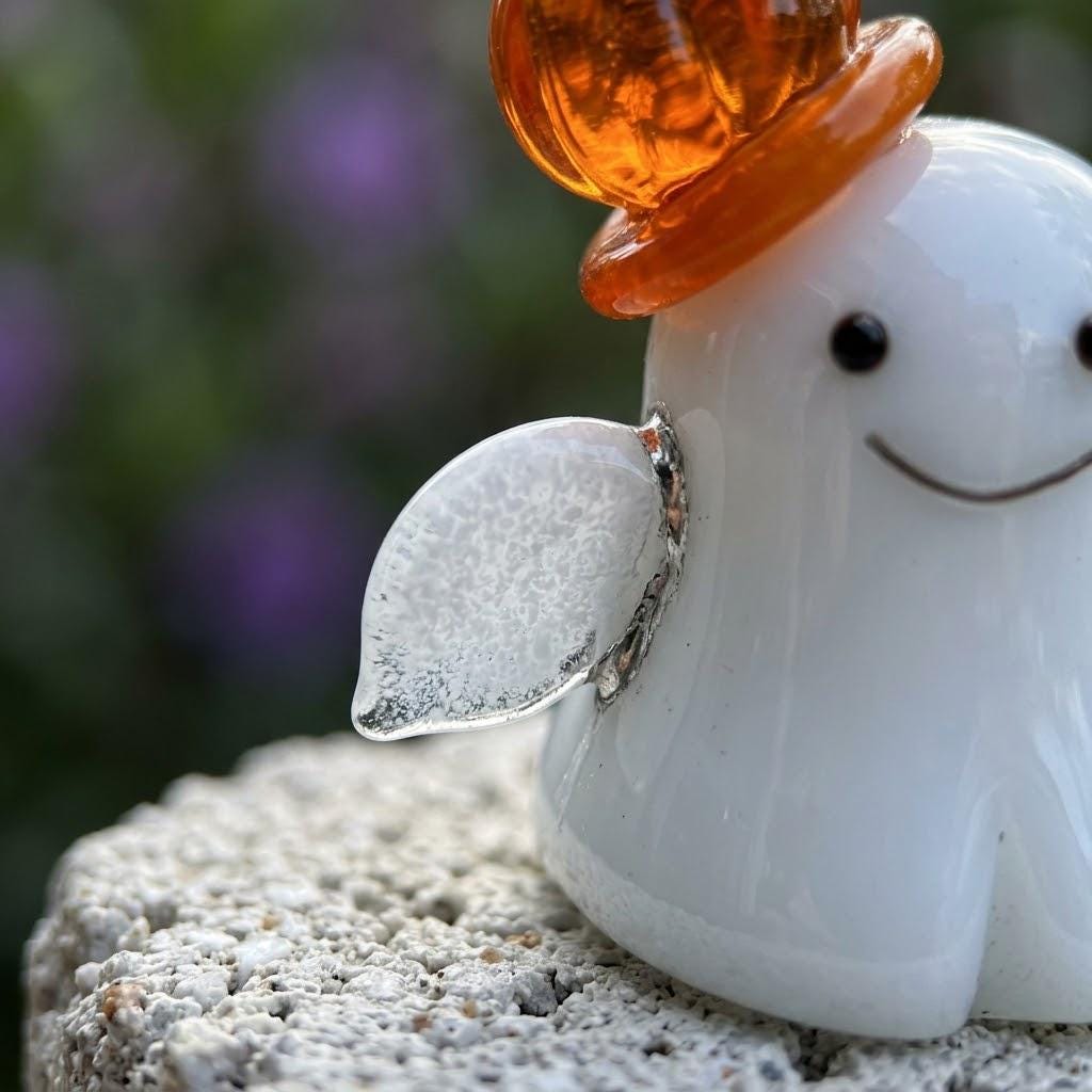 Smiling Ghost Figurine with Orange Pumpkin Hat, Mini Halloween Shelf Decor by AuroraeGlass — photo 5