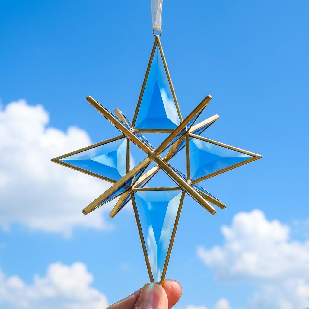 Handmade Blue Glass Star Window Hanging with Geometric Gold-Tone Frame by AuroraeGlass — photo 6